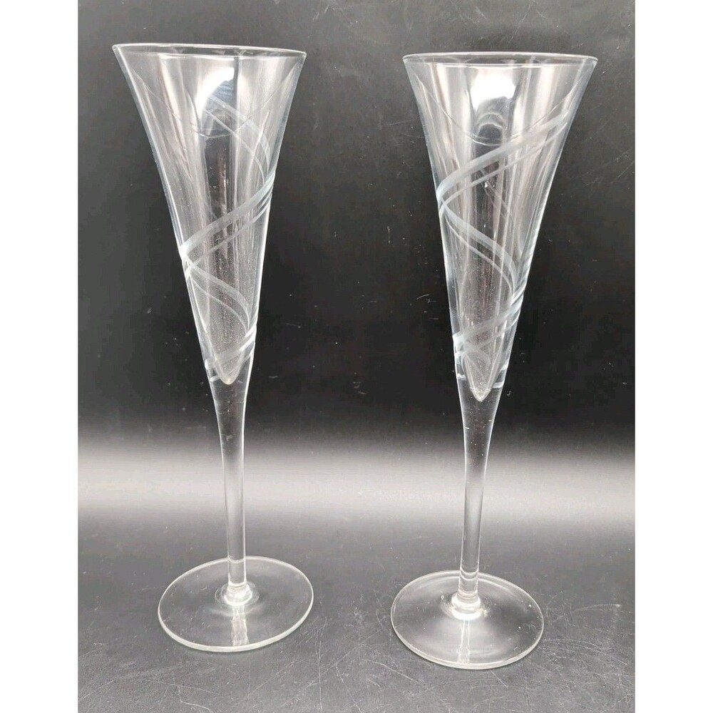 Champagne Glasses Flutes 10” Etched Swirl Set Of 2